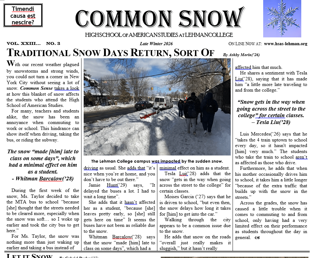 An image of a newspaper with depictions of snow.